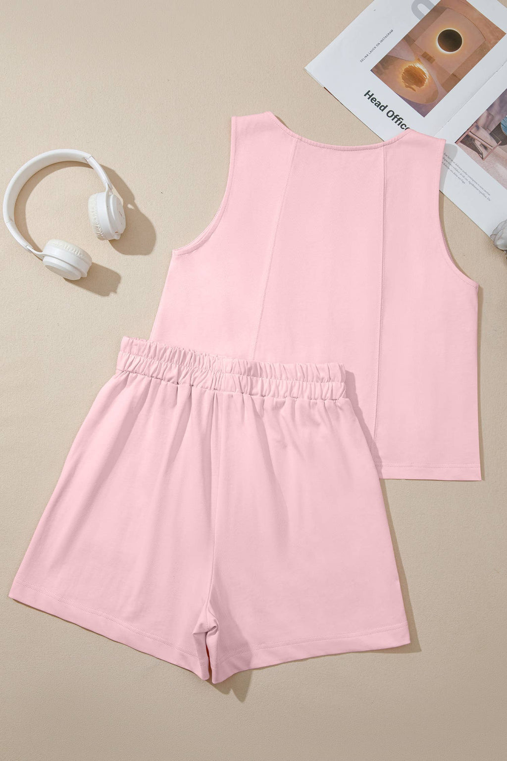LAS Stitched Detail Loose Tank Top 2pcs Short Set (S-XL)