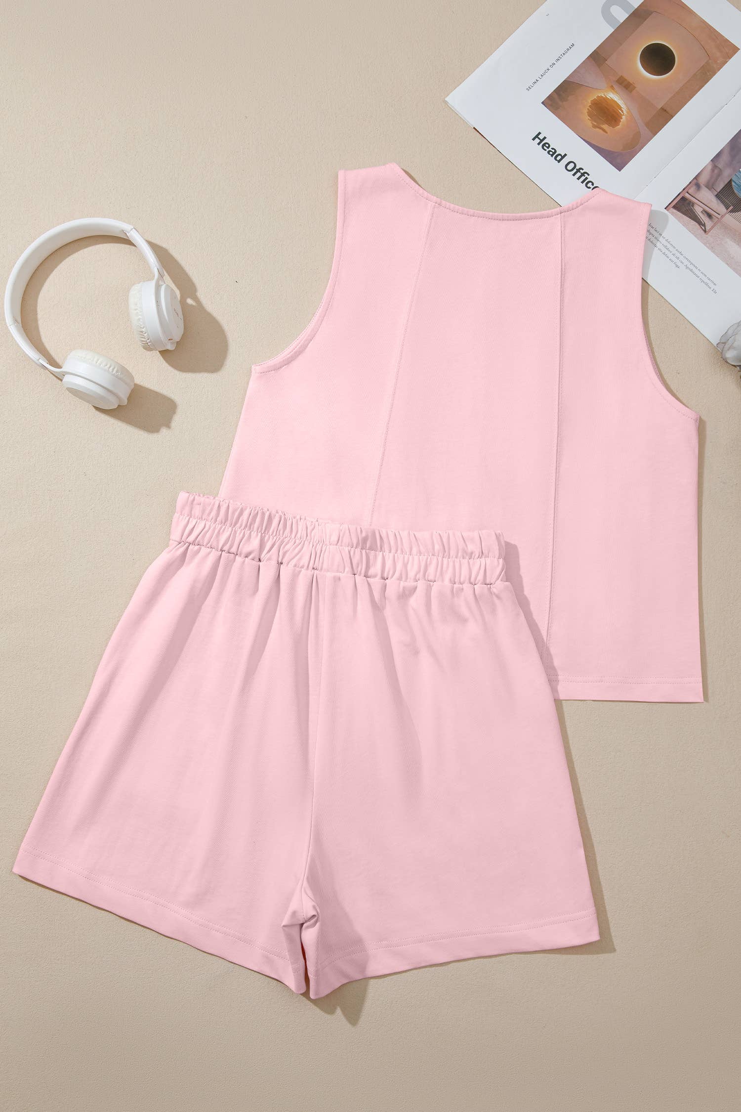 LAS Stitched Detail Loose Tank Top 2pcs Short Set (S-XL)