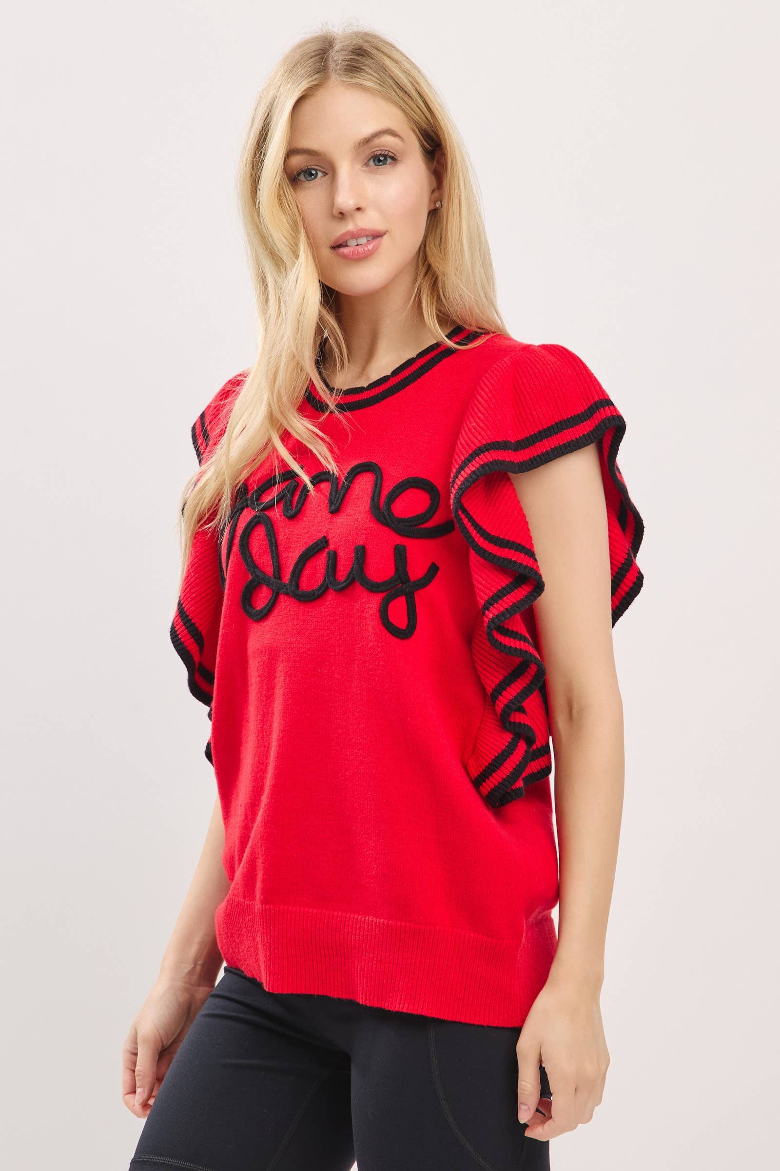 Ruffle Sleeve Varsity Gameday Knit Top