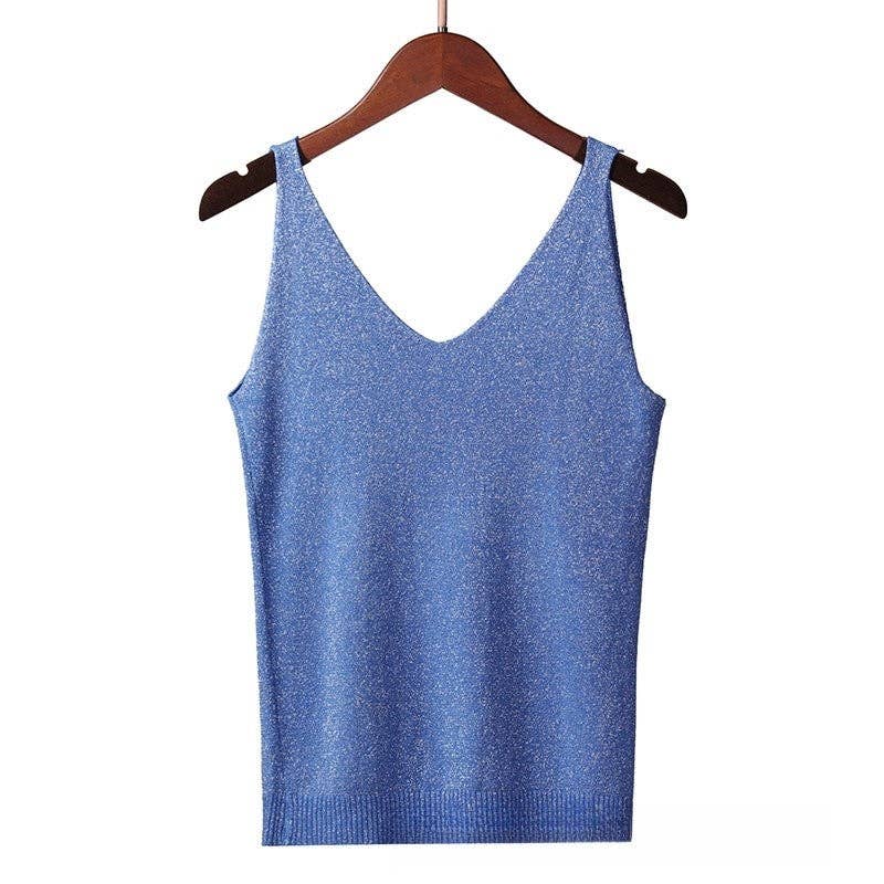 Shimmering V-Neck Sleeveless Knit Tank Top