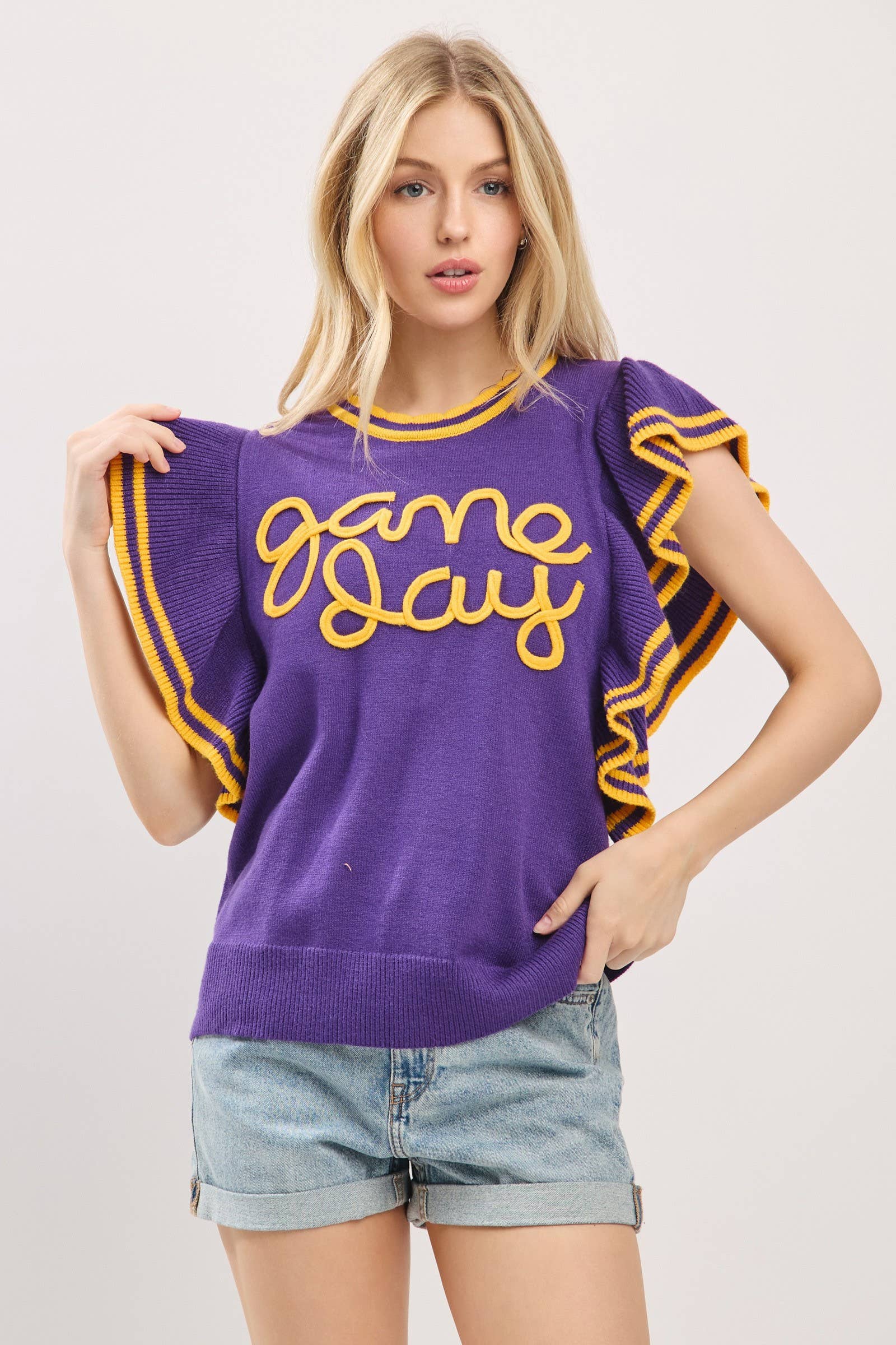 Ruffle Sleeve Varsity Gameday Knit Top