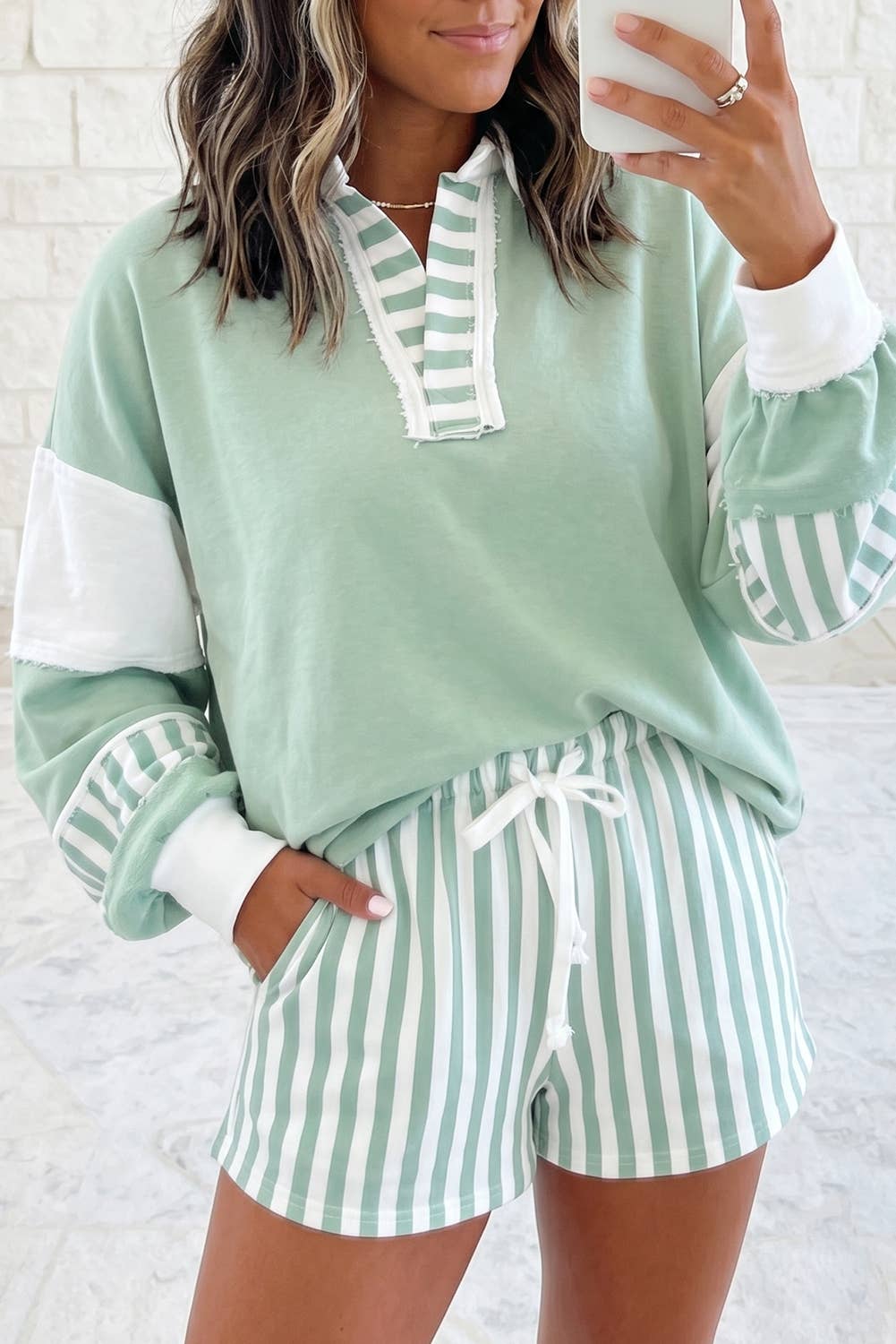 Striped Colorblock Patchwork Sweatshirt & Shorts Set S–4X