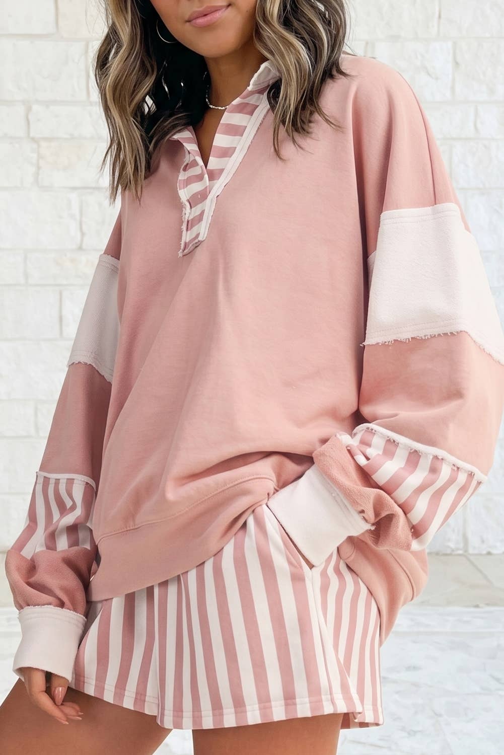 Striped Colorblock Patchwork Sweatshirt & Shorts Set S–4X