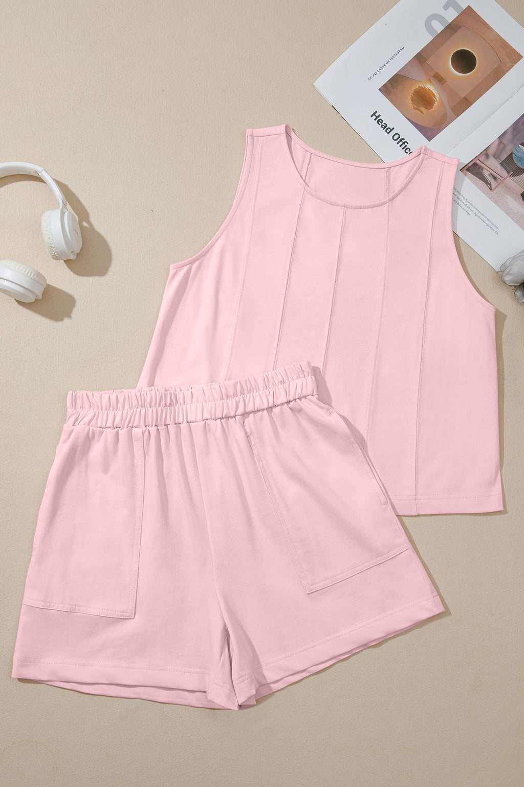 LAS Stitched Detail Loose Tank Top 2pcs Short Set (S-XL)