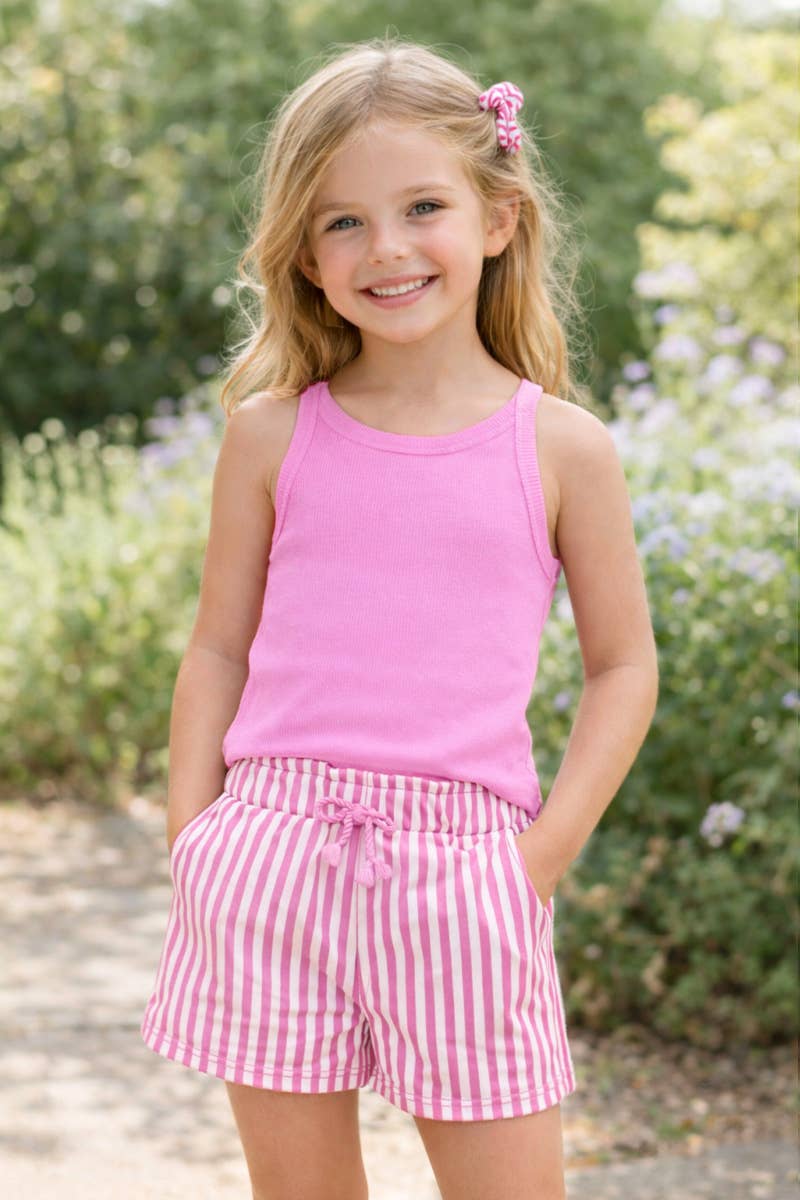 GKSS-Y26-38185 Girl's Stipe Short Set w/ Matching Scrunchie