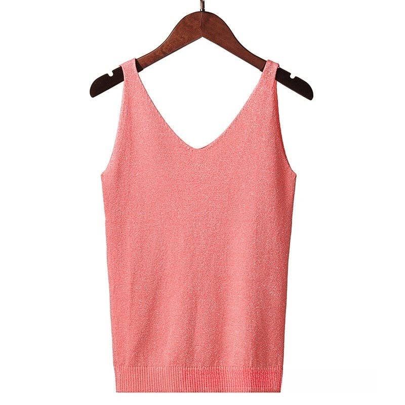 Shimmering V-Neck Sleeveless Knit Tank Top