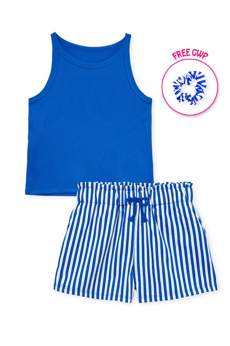 GKSS-Y26-38185 Girl's Stipe Short Set w/ Matching Scrunchie