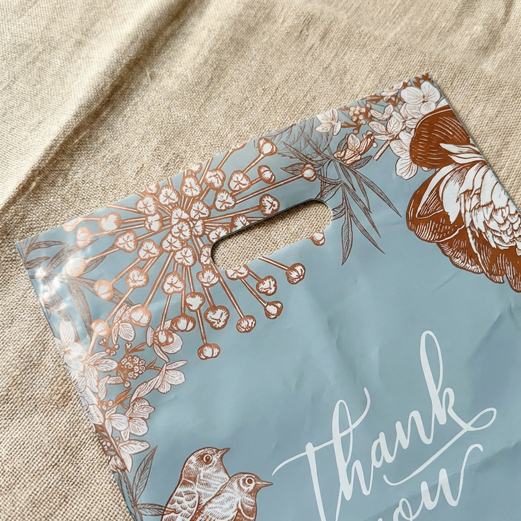 50pc, Light Blue Thank you Vintage Art CutOut Handle PVC Bag