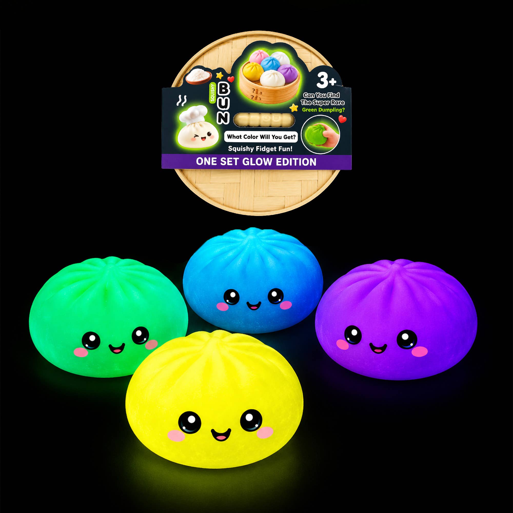Glow-in-the-Dark Dumpling Squishy Mystery Box Display