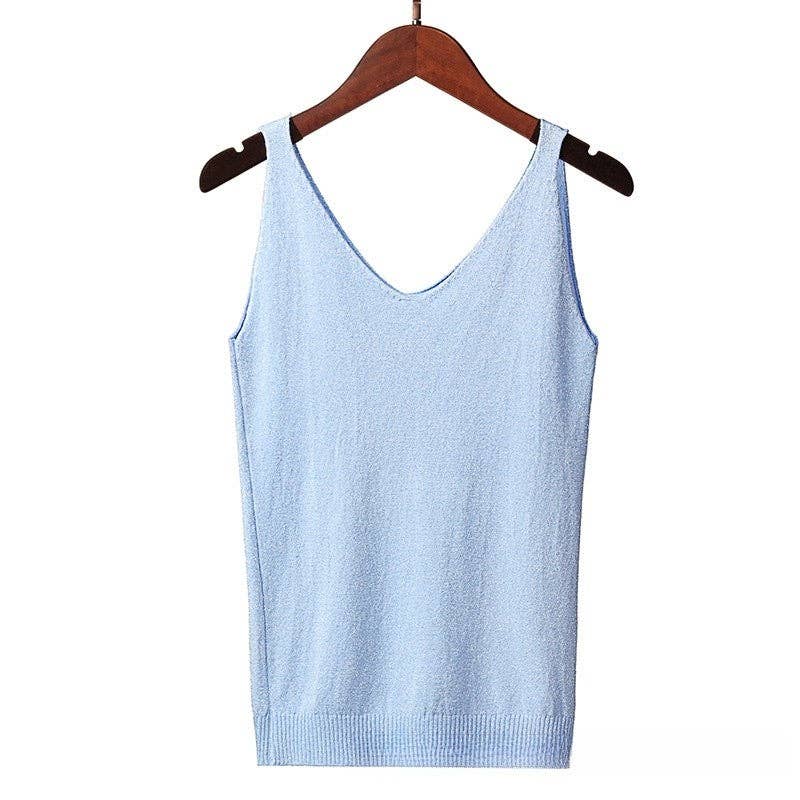 Shimmering V-Neck Sleeveless Knit Tank Top