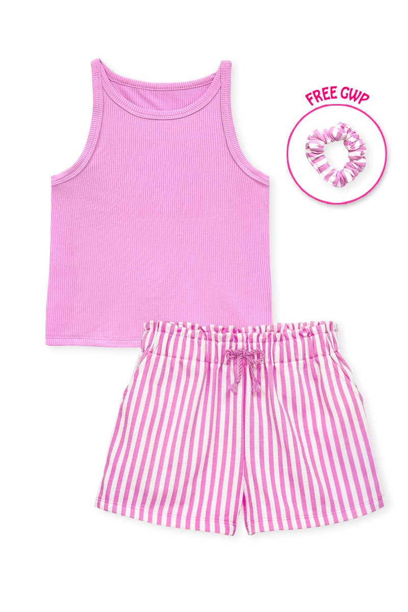 GKSS-Y26-38185 Girl's Stipe Short Set w/ Matching Scrunchie