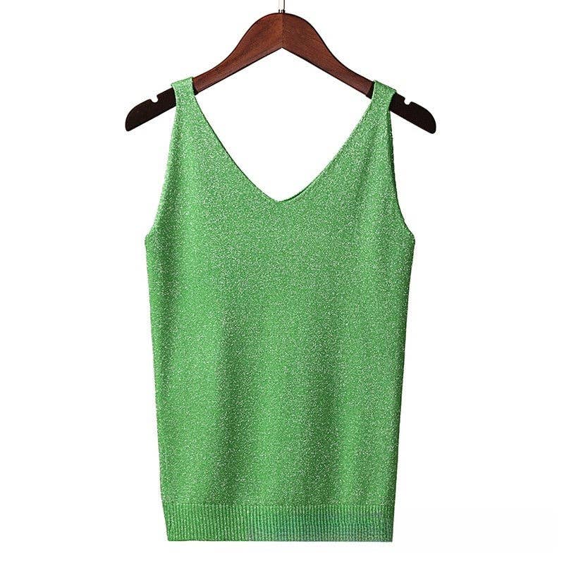 Shimmering V-Neck Sleeveless Knit Tank Top