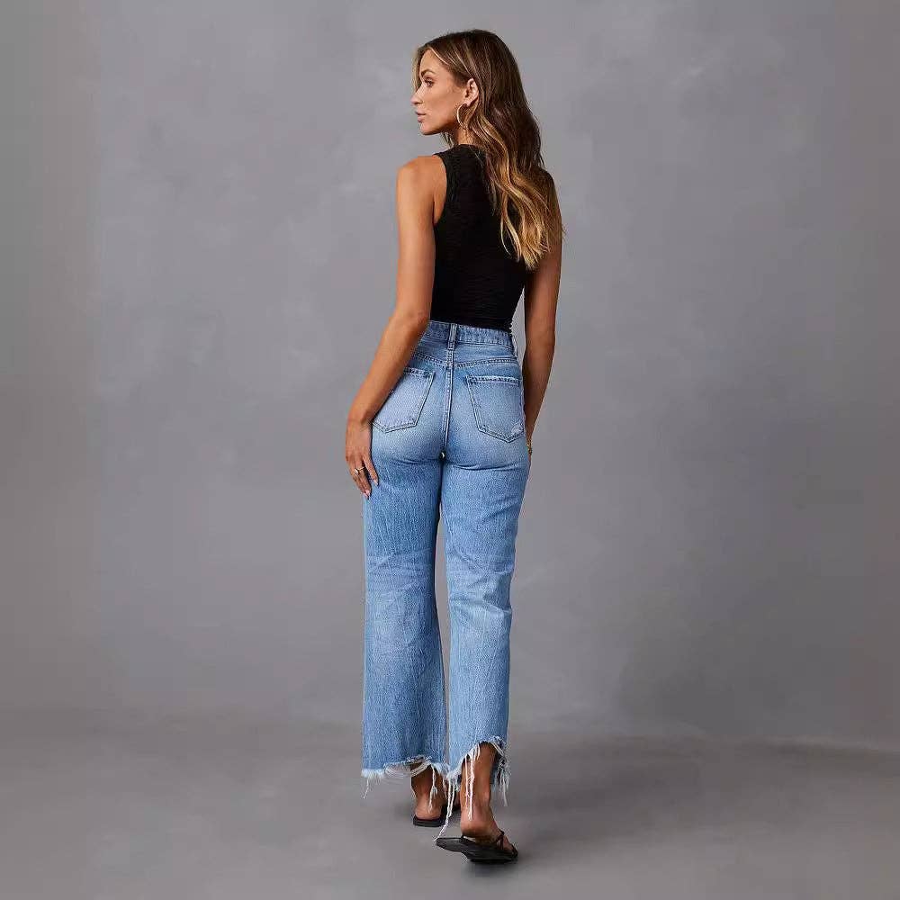 High-Waisted Distressed Denim Wide Leg Pants