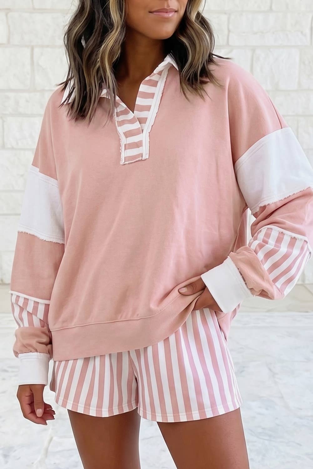 Striped Colorblock Patchwork Sweatshirt & Shorts Set S–4X