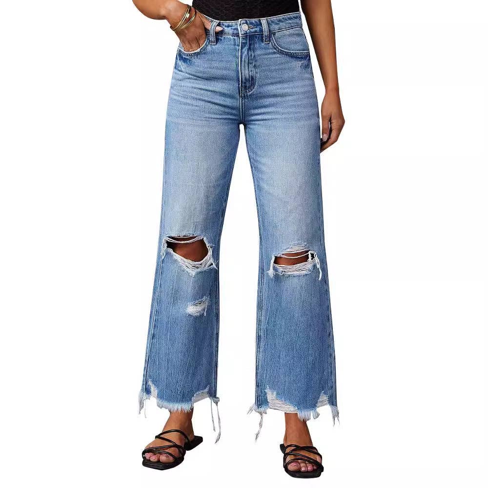 High-Waisted Distressed Denim Wide Leg Pants
