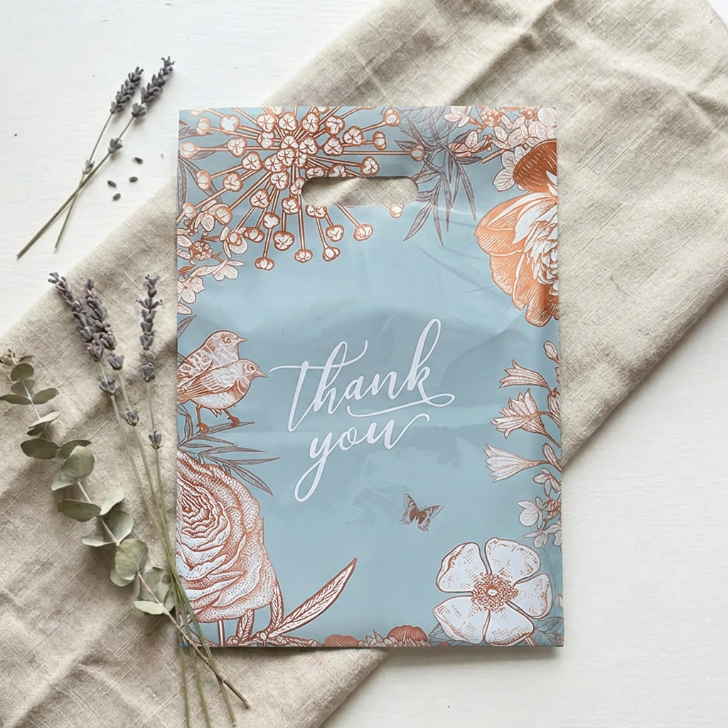 50pc, Light Blue Thank you Vintage Art CutOut Handle PVC Bag