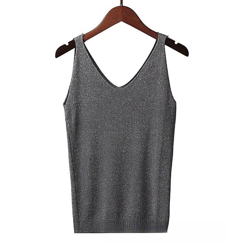 Shimmering V-Neck Sleeveless Knit Tank Top