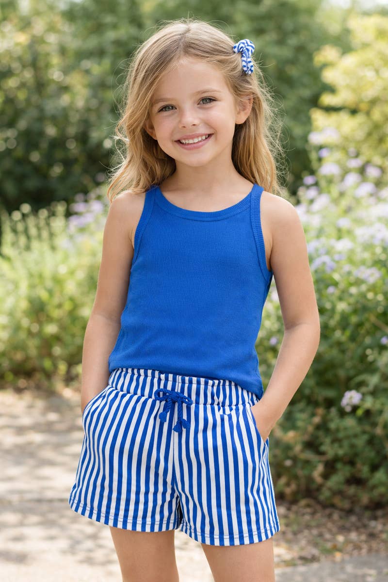 GKSS-Y26-38185 Girl's Stipe Short Set w/ Matching Scrunchie