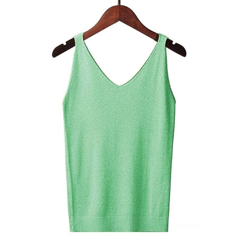 Shimmering V-Neck Sleeveless Knit Tank Top