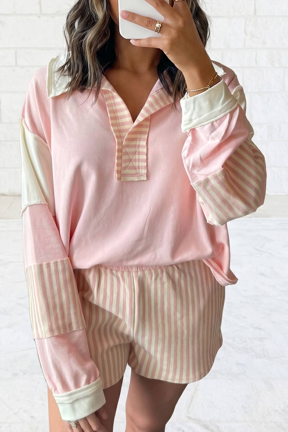 Striped Colorblock Patchwork Sweatshirt & Shorts Set S–4X