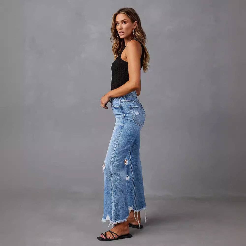 High-Waisted Distressed Denim Wide Leg Pants