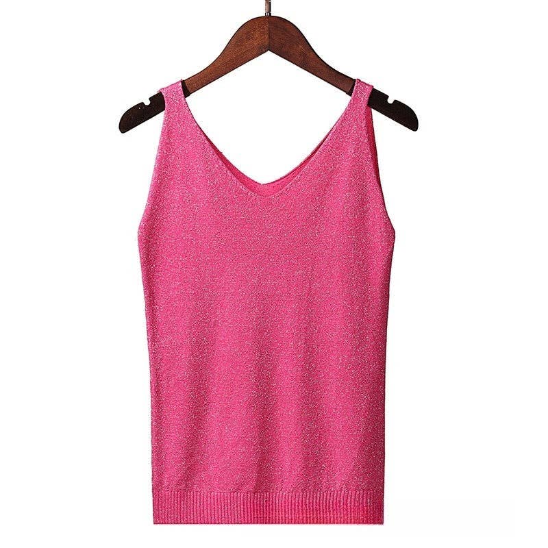 Shimmering V-Neck Sleeveless Knit Tank Top