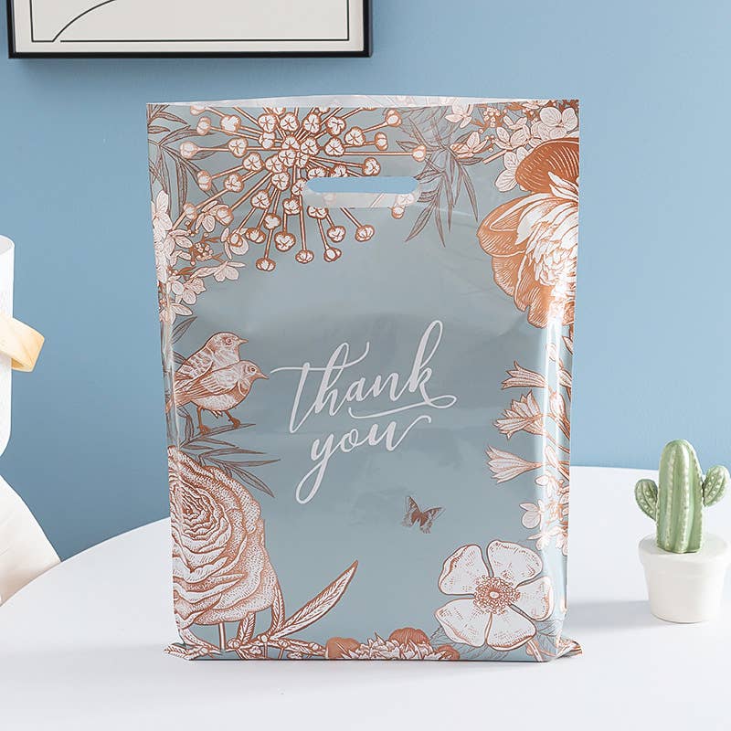 50pc, Light Blue Thank you Vintage Art CutOut Handle PVC Bag