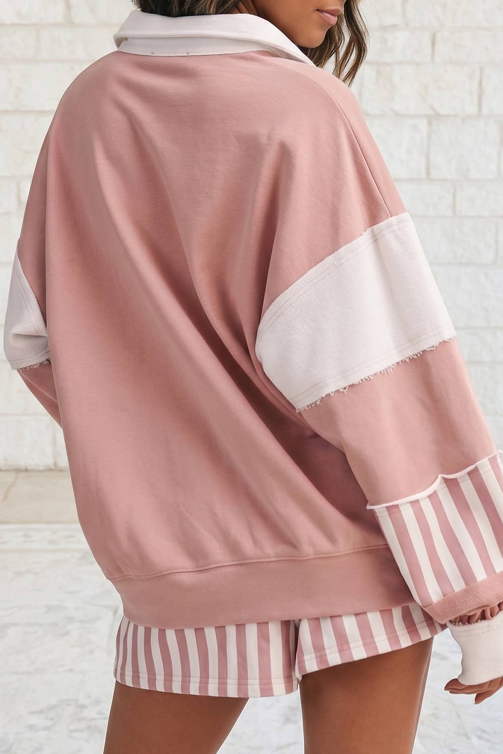 Striped Colorblock Patchwork Sweatshirt & Shorts Set S–4X