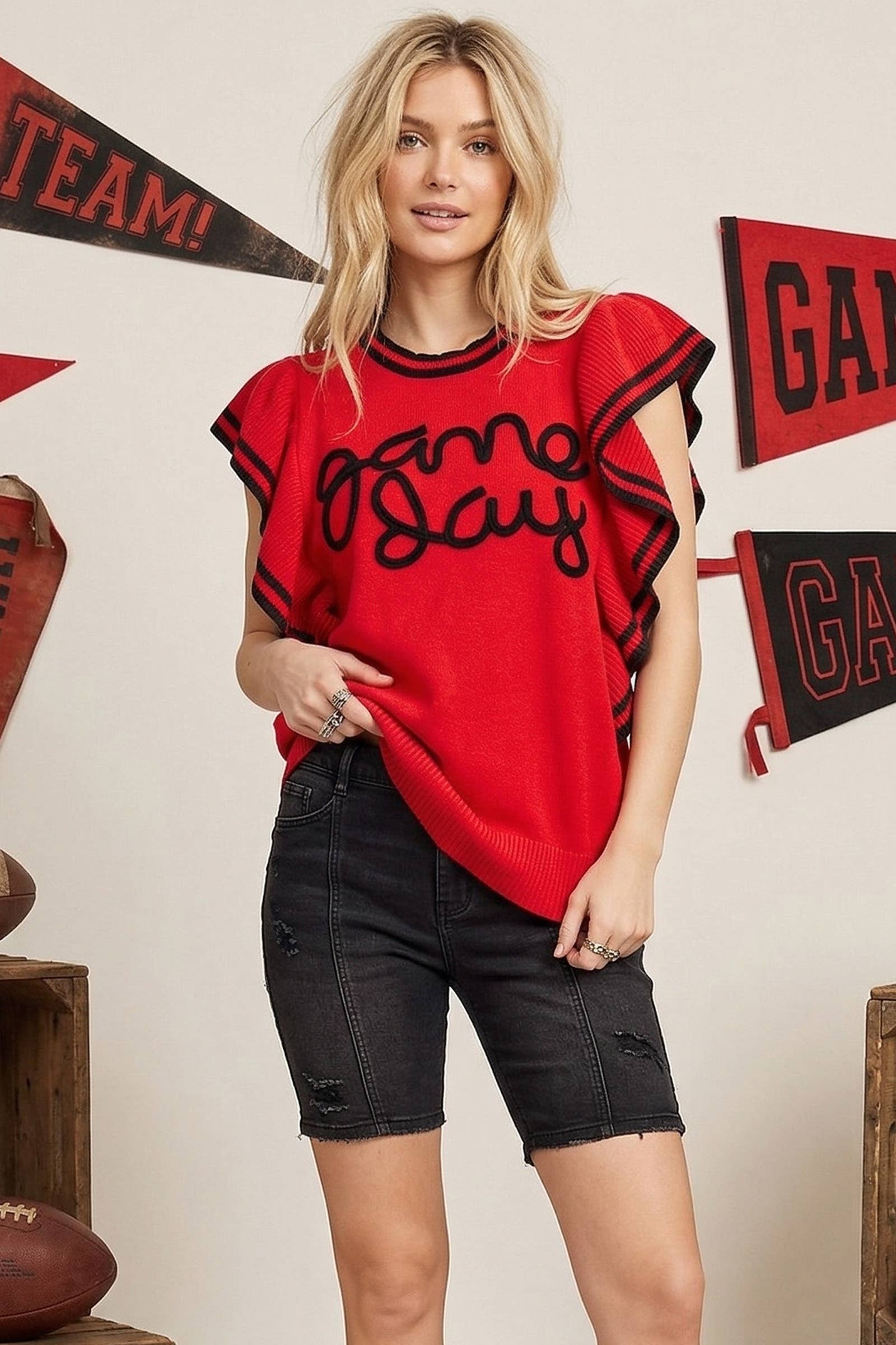 Ruffle Sleeve Varsity Gameday Knit Top