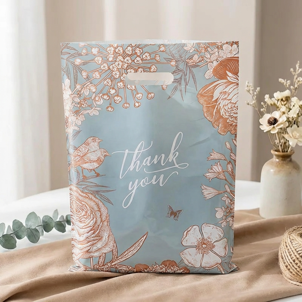 50pc, Light Blue Thank you Vintage Art CutOut Handle PVC Bag
