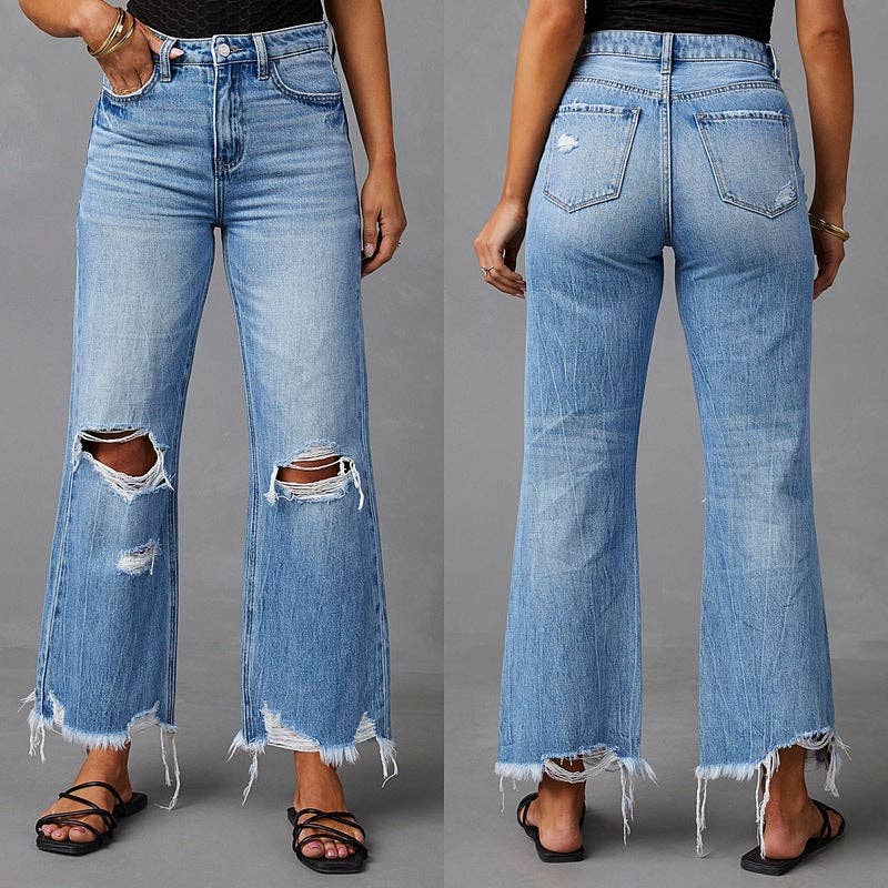 High-Waisted Distressed Denim Wide Leg Pants