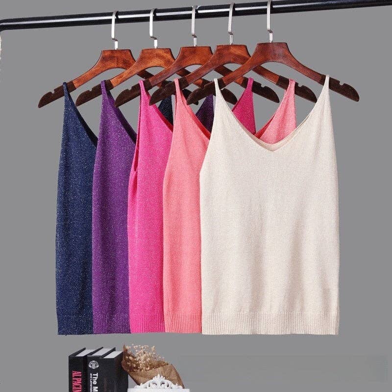 Shimmering V-Neck Sleeveless Knit Tank Top