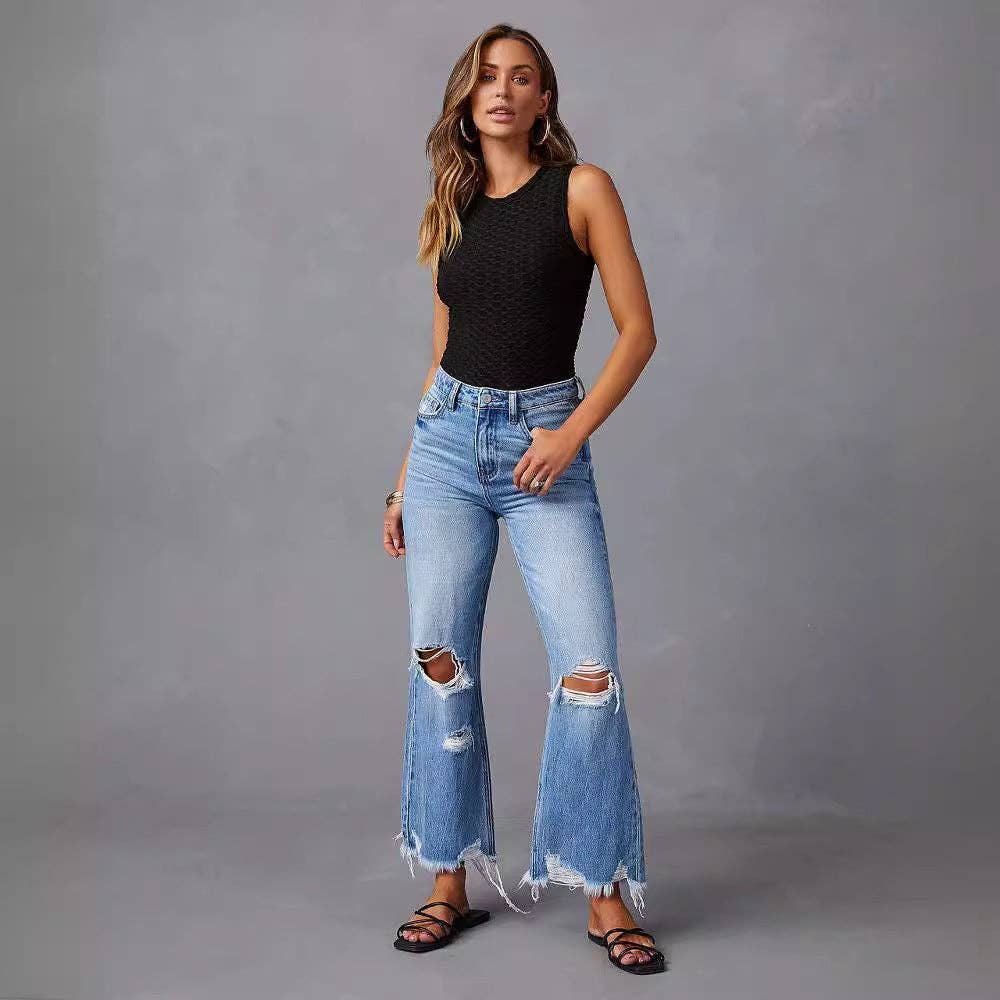 High-Waisted Distressed Denim Wide Leg Pants